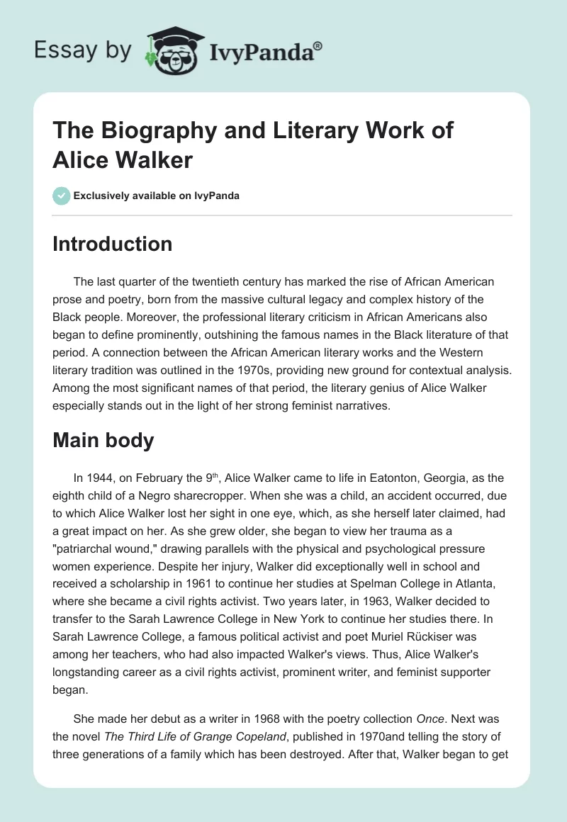 The Biography and Literary Work of Alice Walker. Page 1