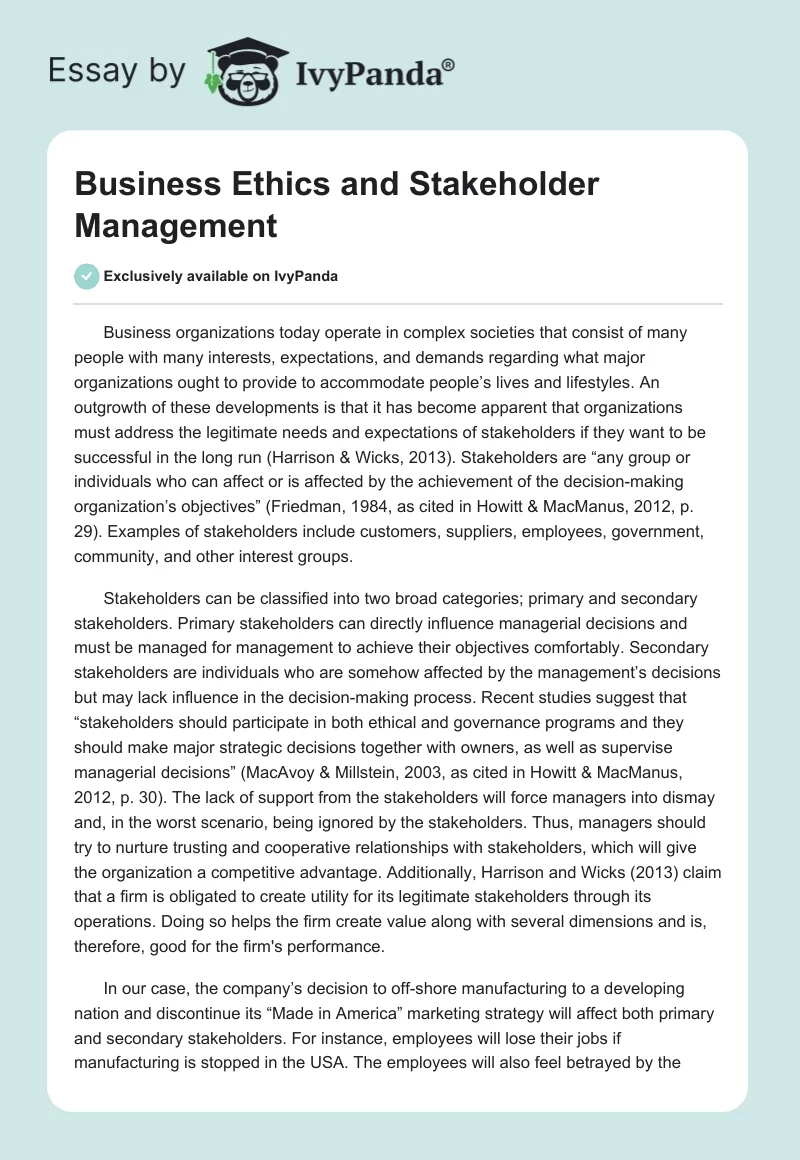 Business Ethics and Stakeholder Management. Page 1