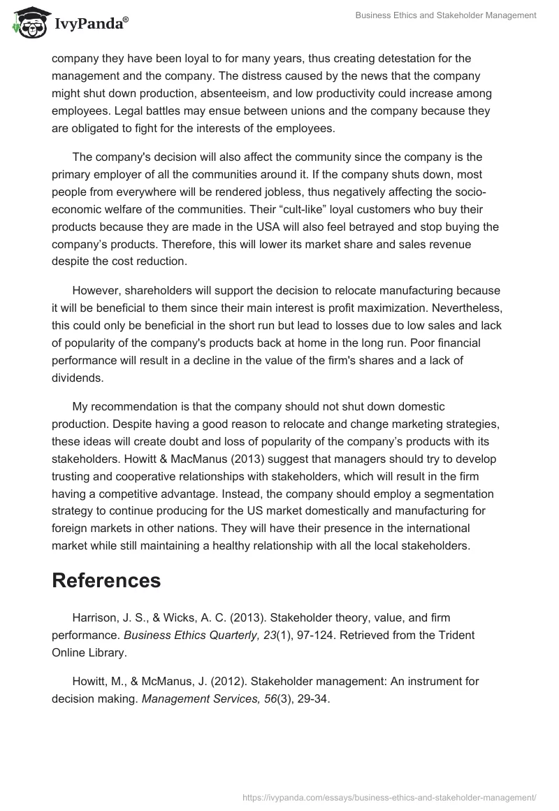 Business Ethics and Stakeholder Management. Page 2