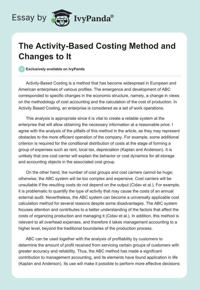 The Activity-Based Costing Method and Changes to It. Page 1