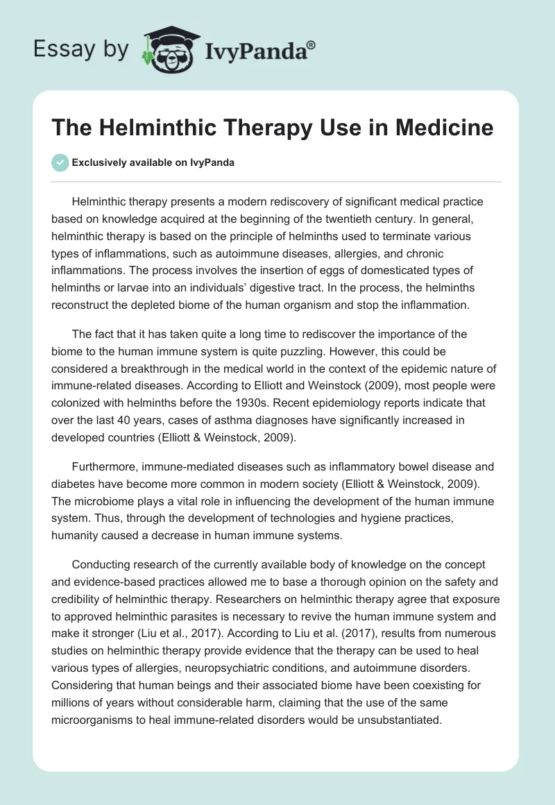 The Helminthic Therapy Use in Medicine. Page 1
