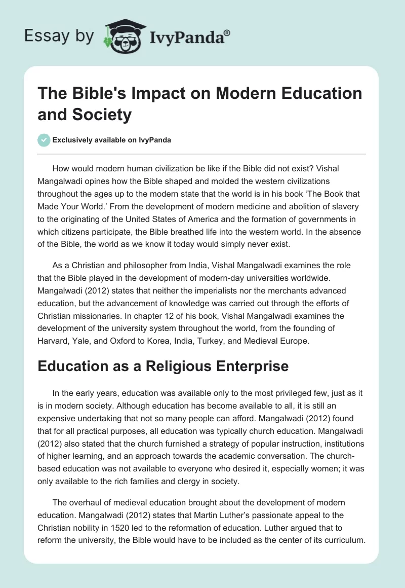 The Bible's Impact on Modern Education and Society. Page 1