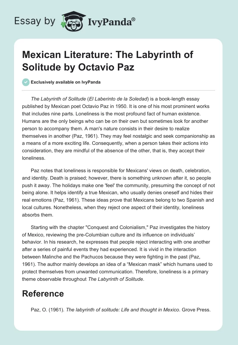Mexican Literature: "The Labyrinth of Solitude" by Octavio Paz. Page 1