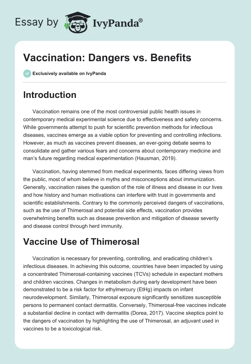 Vaccination: Dangers vs. Benefits. Page 1