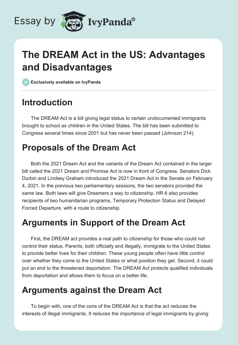 The DREAM Act in the US: Advantages and Disadvantages. Page 1