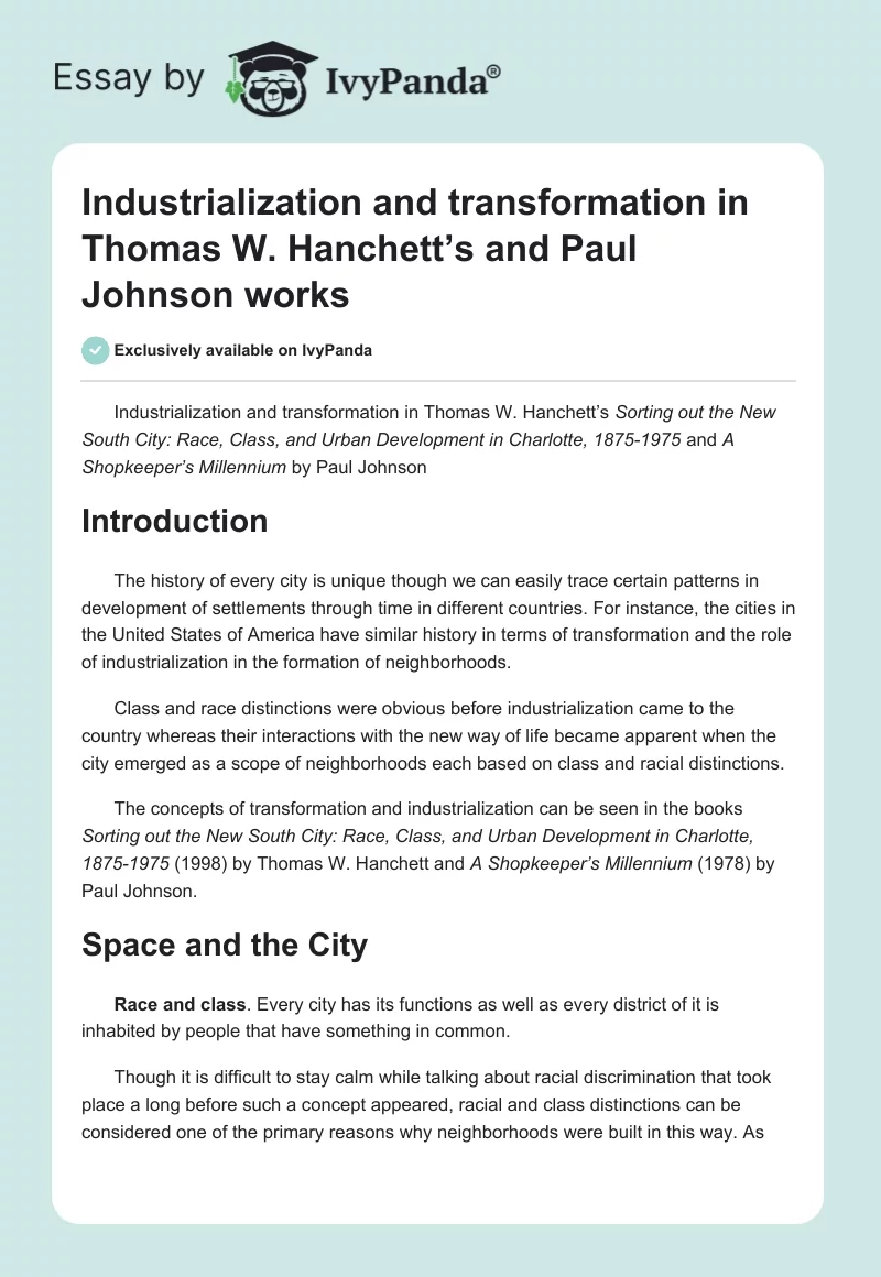 Industrialization and transformation in Thomas W. Hanchett’s and Paul Johnson works. Page 1