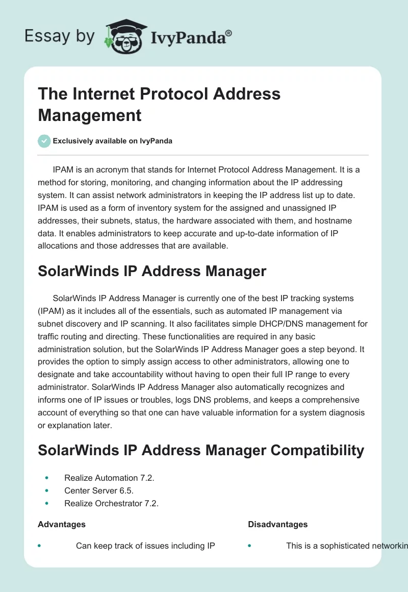 The Internet Protocol Address Management. Page 1
