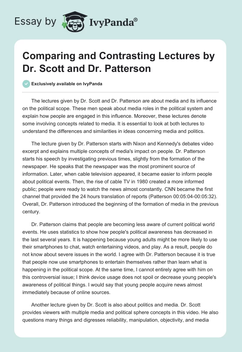 Comparing and Contrasting Lectures by Dr. Scott and Dr. Patterson. Page 1