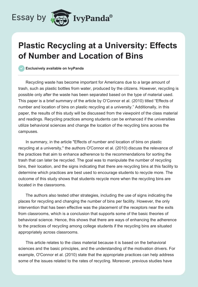Plastic Recycling at a University: Effects of Number and Location of Bins. Page 1