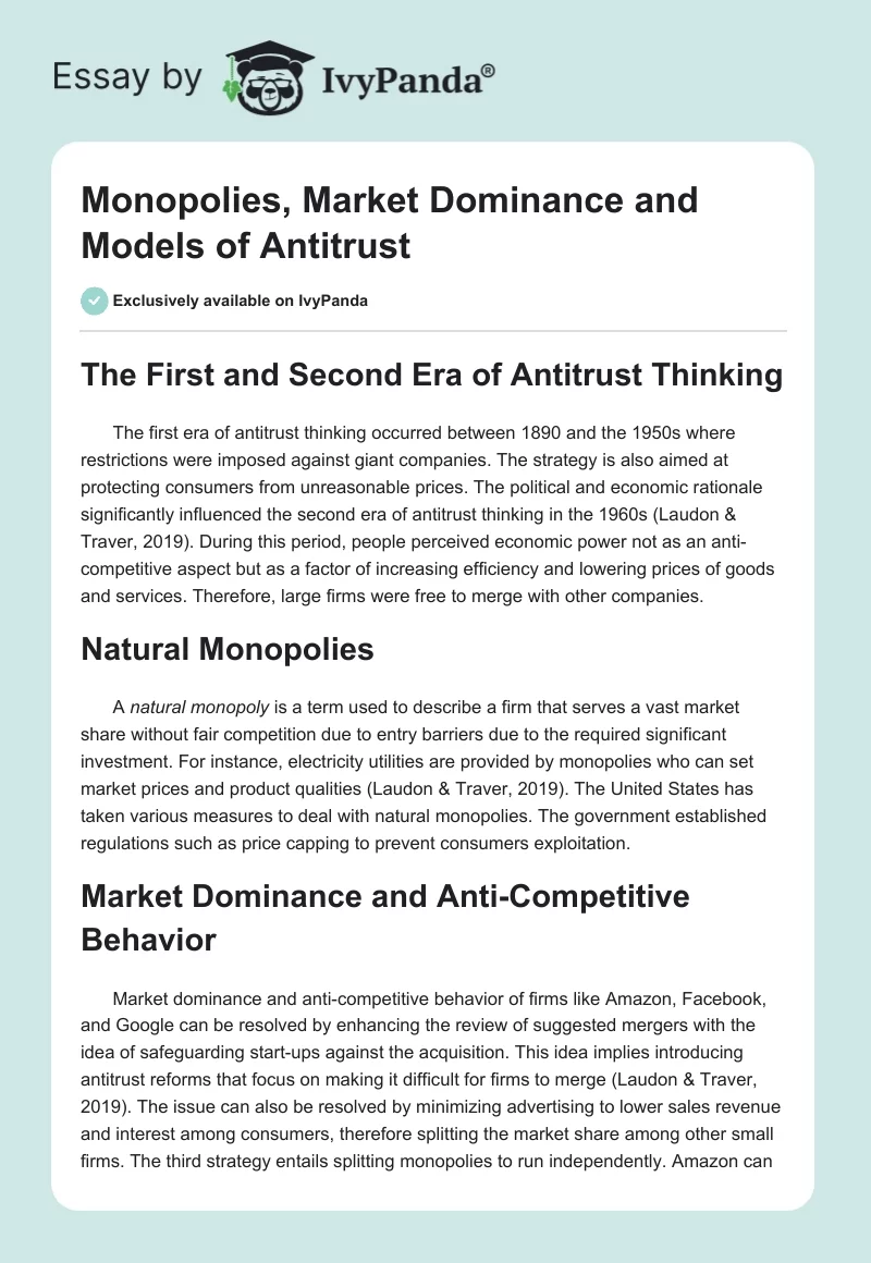 Monopolies, Market Dominance and Models of Antitrust. Page 1