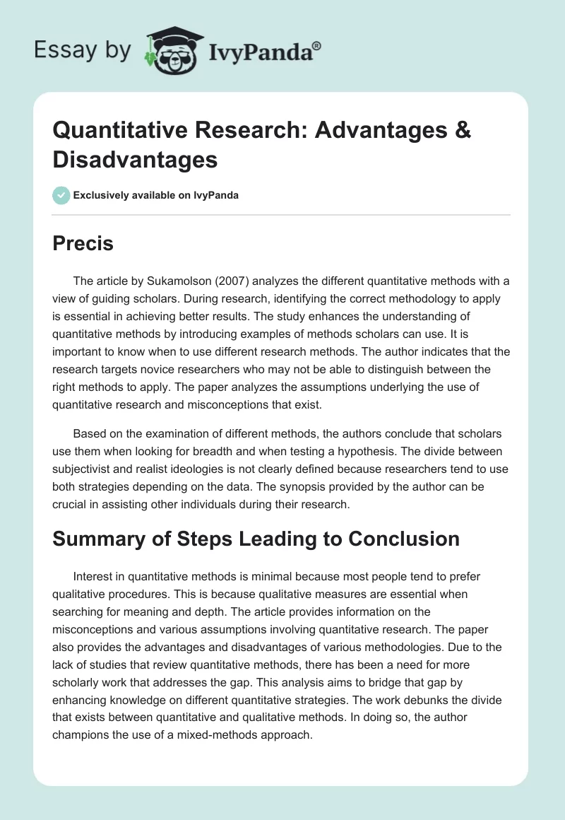 Quantitative Research: Advantages & Disadvantages. Page 1