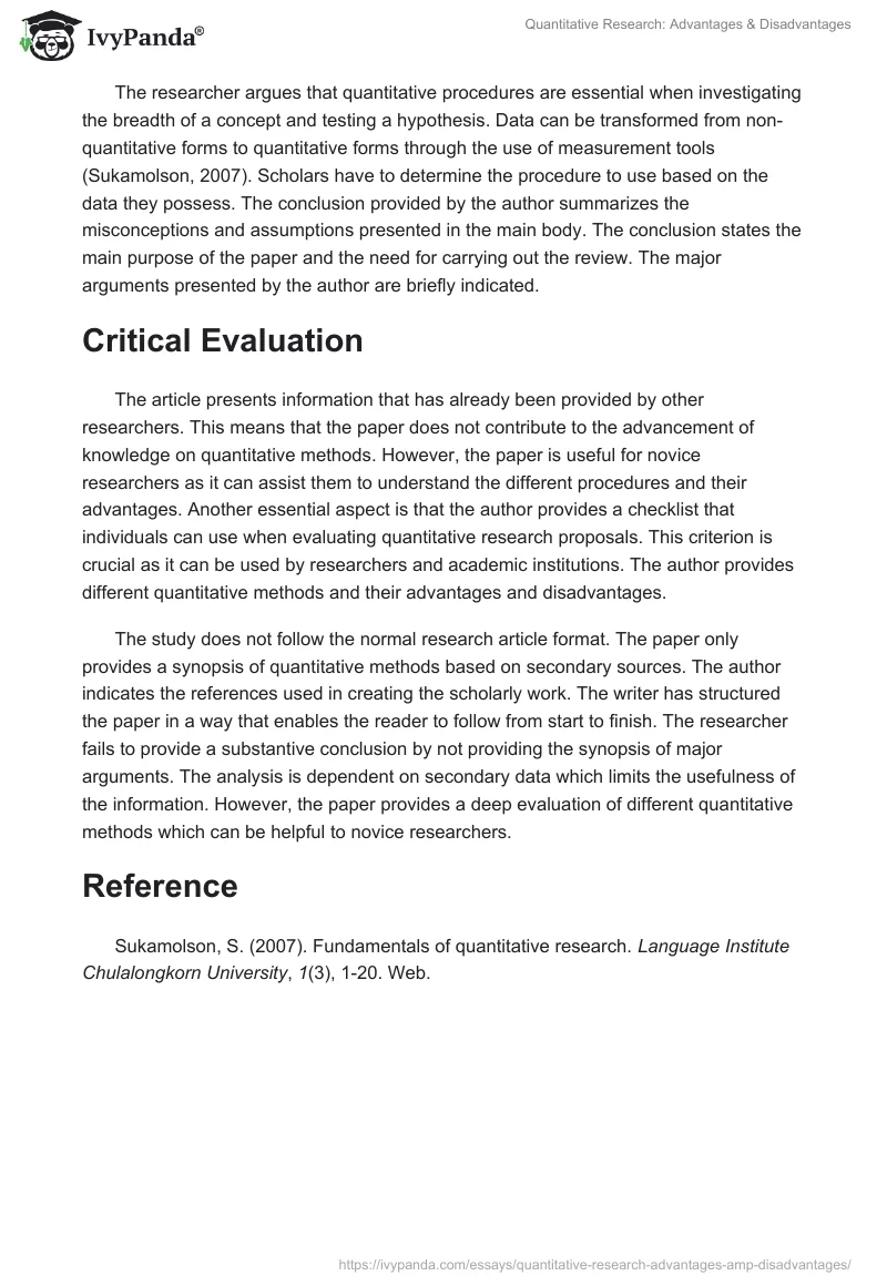 Quantitative Research: Advantages & Disadvantages. Page 2