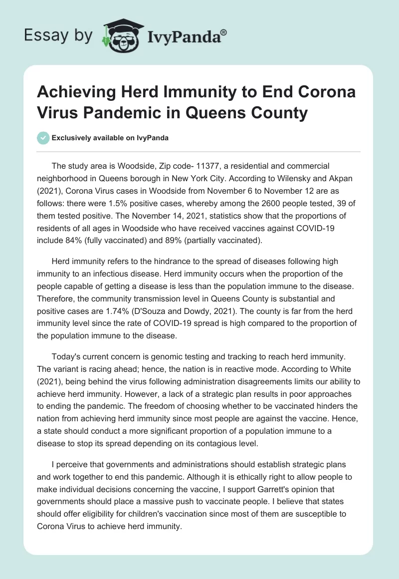 Achieving Herd Immunity to End Corona Virus Pandemic in Queens County. Page 1
