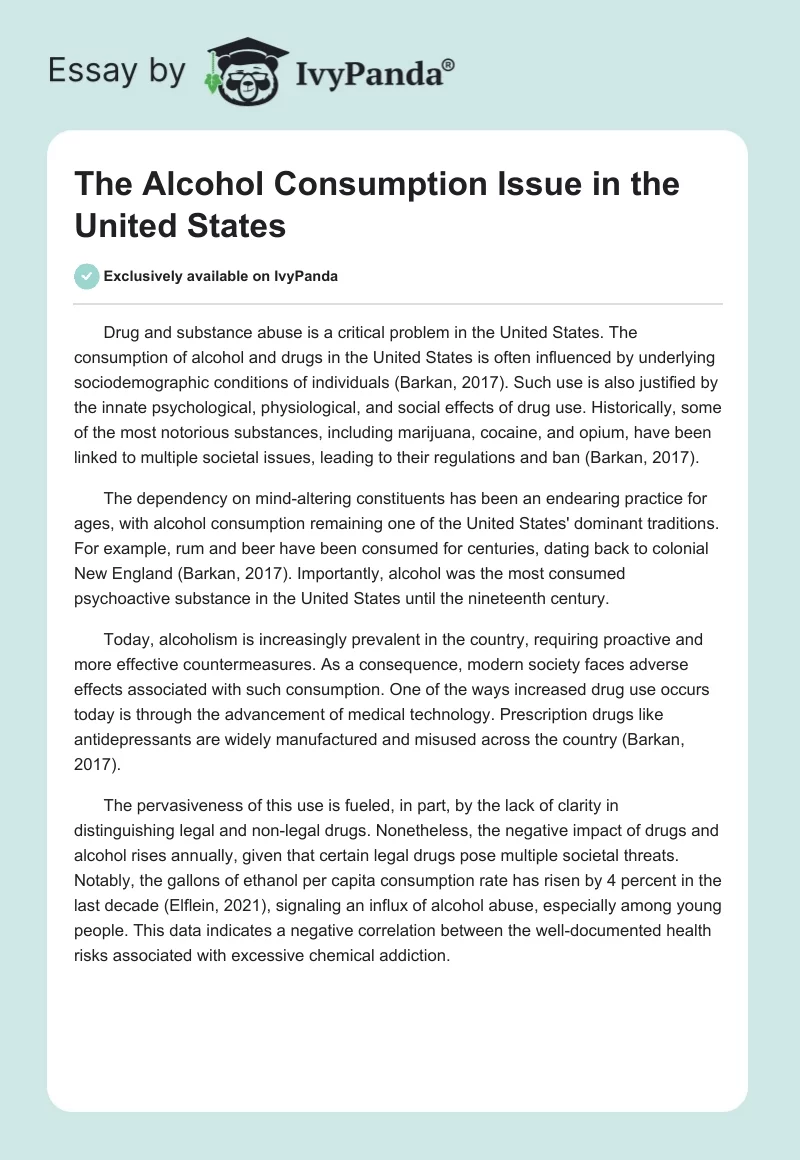 The Alcohol Consumption Issue in the United States. Page 1