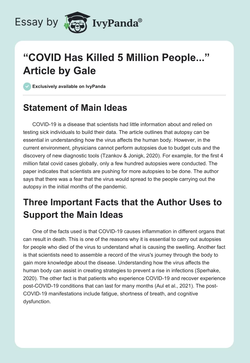 “COVID Has Killed 5 Million People...” Article by Gale. Page 1