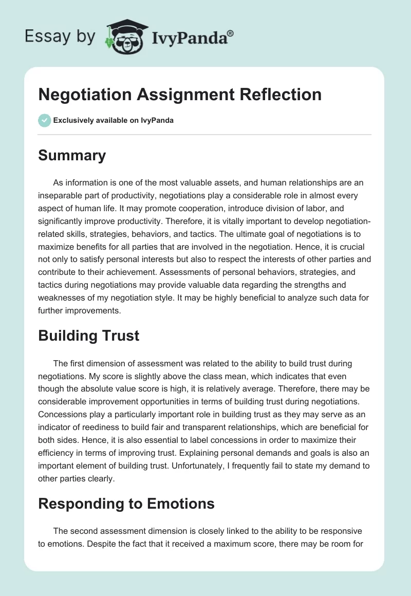 Negotiation Assignment Reflection. Page 1