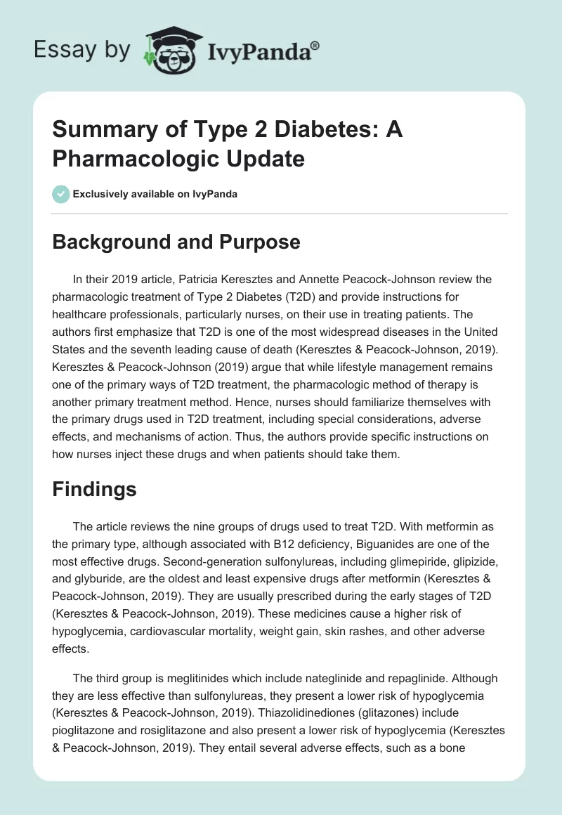 Summary of Type 2 Diabetes: A Pharmacologic Update. Page 1
