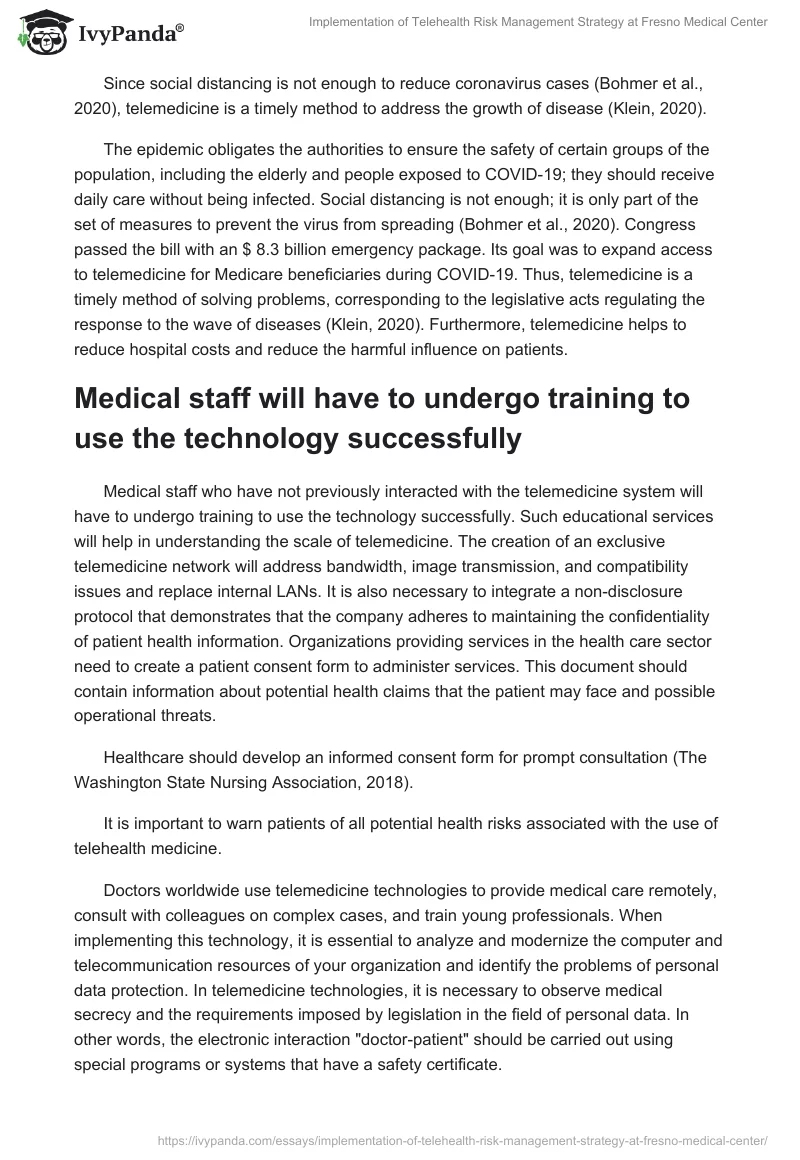 Implementation of Telehealth Risk Management Strategy at Fresno Medical Center. Page 2