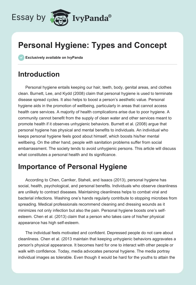 Personal Hygiene: Types and Concept. Page 1