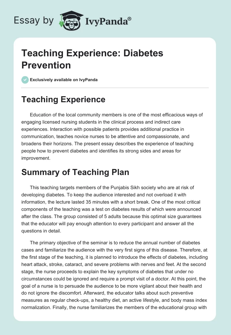 Teaching Experience: Diabetes Prevention. Page 1