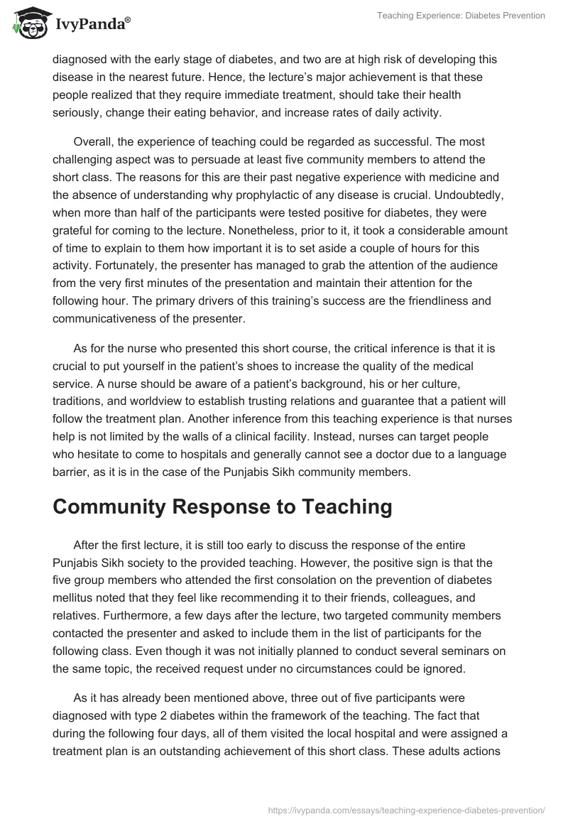 Teaching Experience: Diabetes Prevention. Page 3