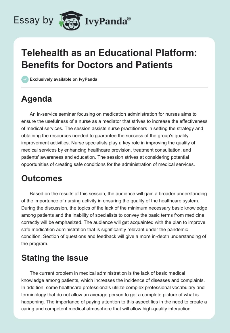 Telehealth as an Educational Platform: Benefits for Doctors and Patients. Page 1