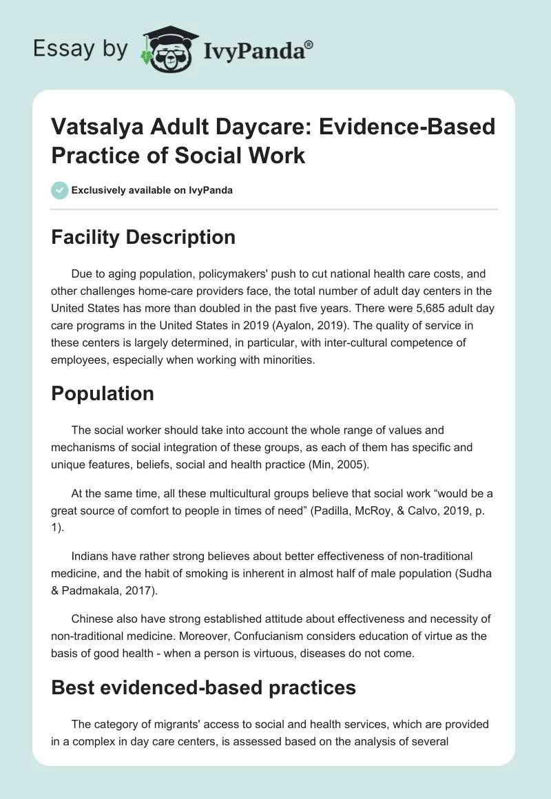 Vatsalya Adult Daycare: Evidence-Based Practice of Social Work. Page 1