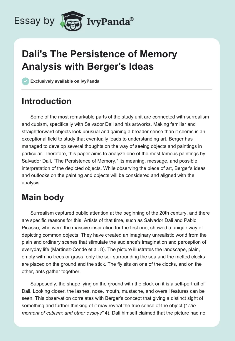Dali's "The Persistence of Memory" Analysis with Berger's Ideas. Page 1
