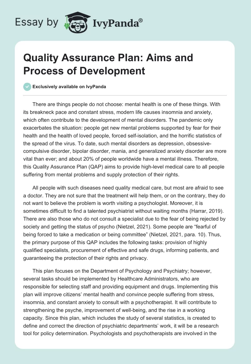 Quality Assurance Plan: Aims and Process of Development. Page 1