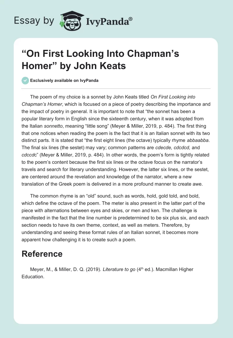“On First Looking Into Chapman’s Homer” by John Keats. Page 1
