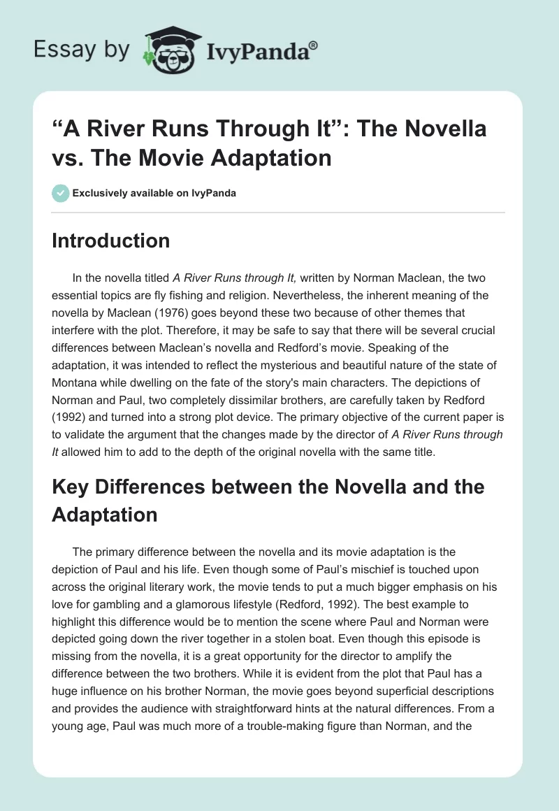 “A River Runs Through It”: The Novella vs. The Movie Adaptation. Page 1