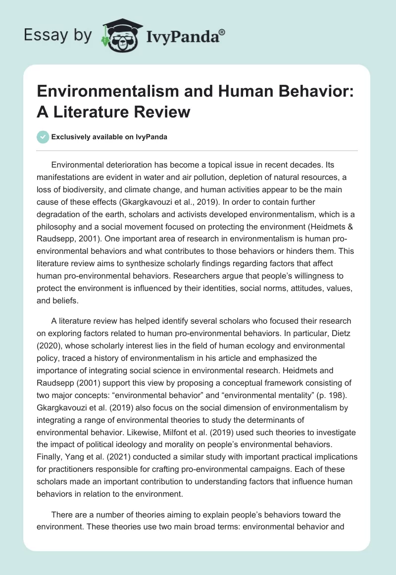 Environmentalism and Human Behavior: A Literature Review. Page 1