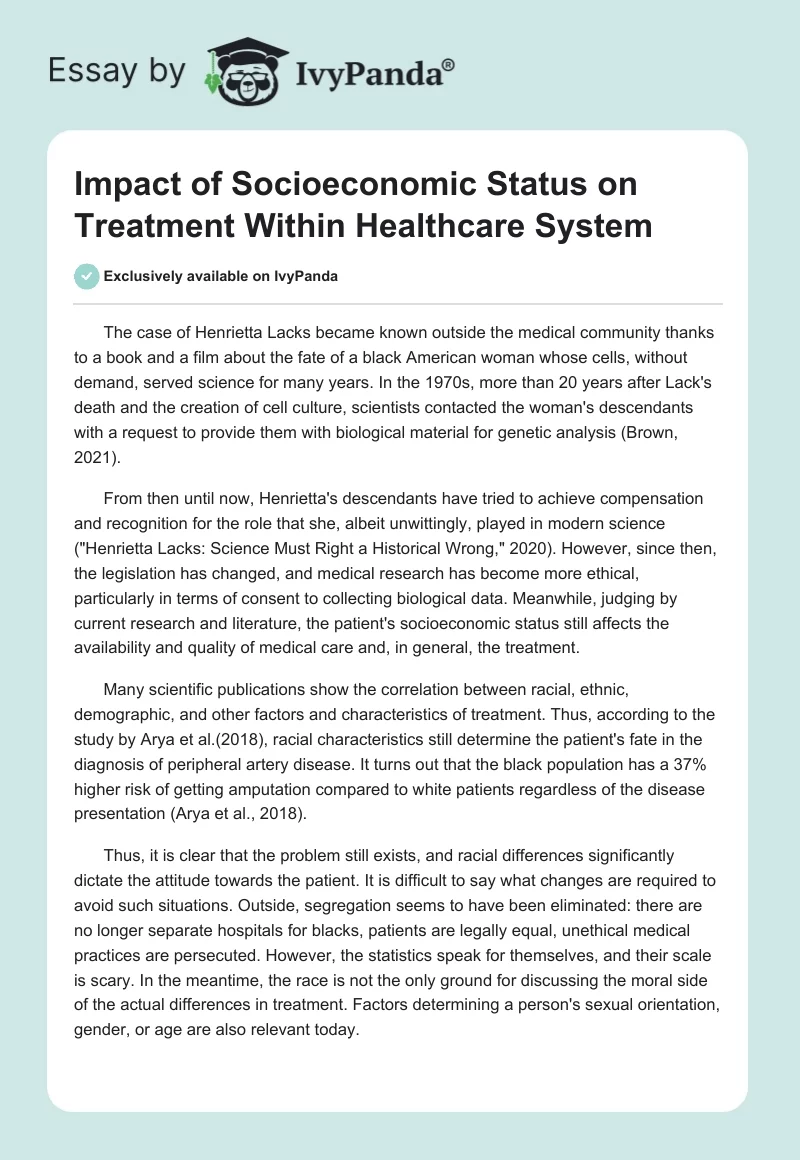 Impact of Socioeconomic Status on Treatment Within Healthcare System. Page 1