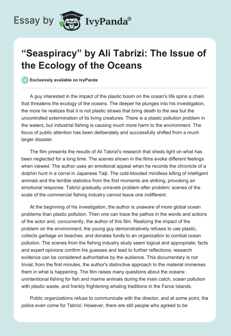“Seaspiracy” by Ali Tabrizi: The Issue of the Ecology of the Oceans. Page 1