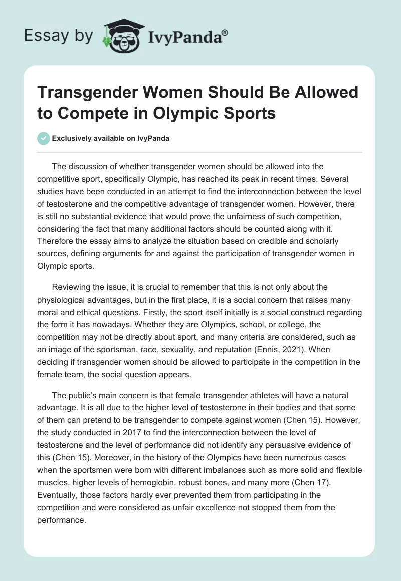 Transgender Women Should Be Allowed to Compete in Olympic Sports. Page 1