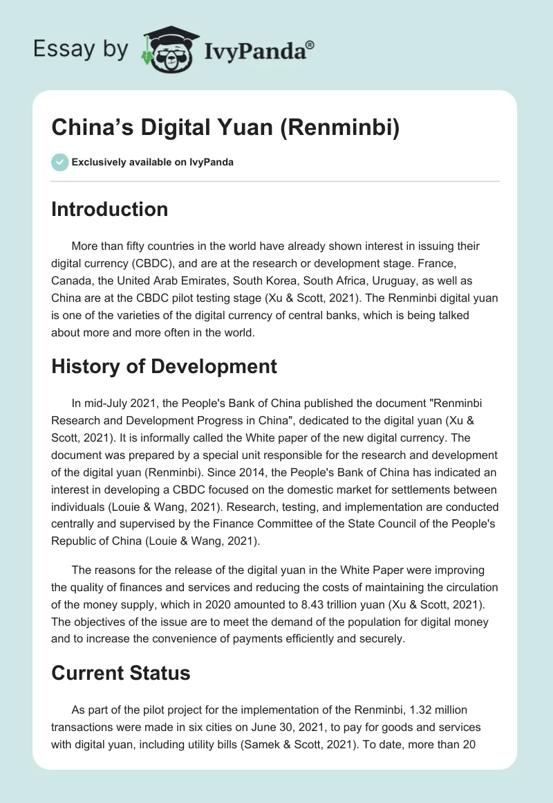 China’s Digital Yuan (Renminbi). Page 1