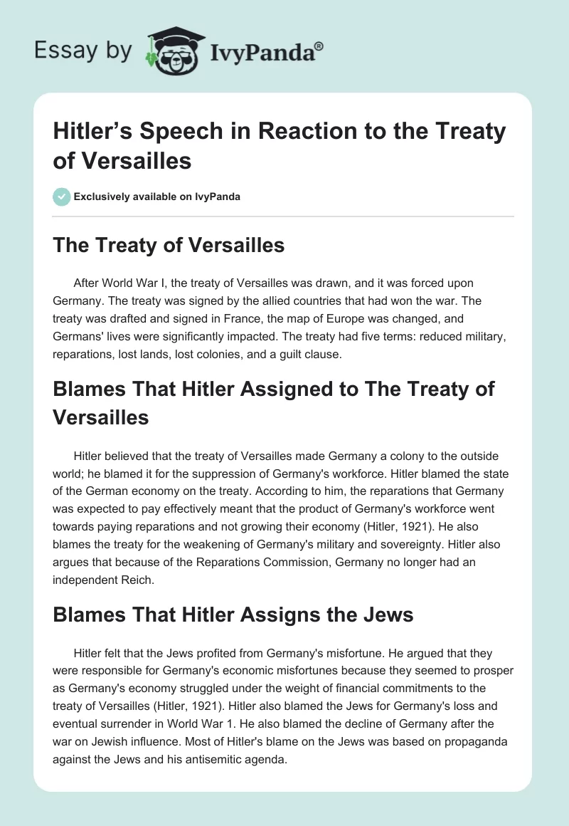 Hitler’s Speech in Reaction to the Treaty of Versailles. Page 1