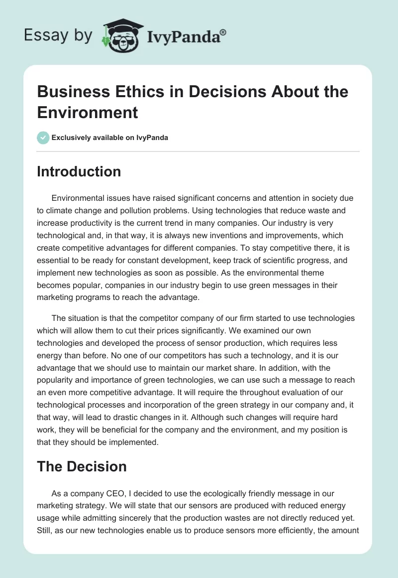 Business Ethics in Decisions About the Environment. Page 1