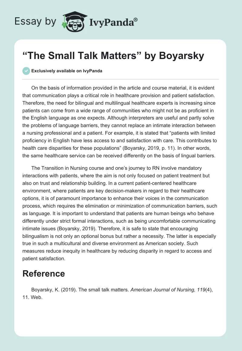 “The Small Talk Matters” by Boyarsky. Page 1