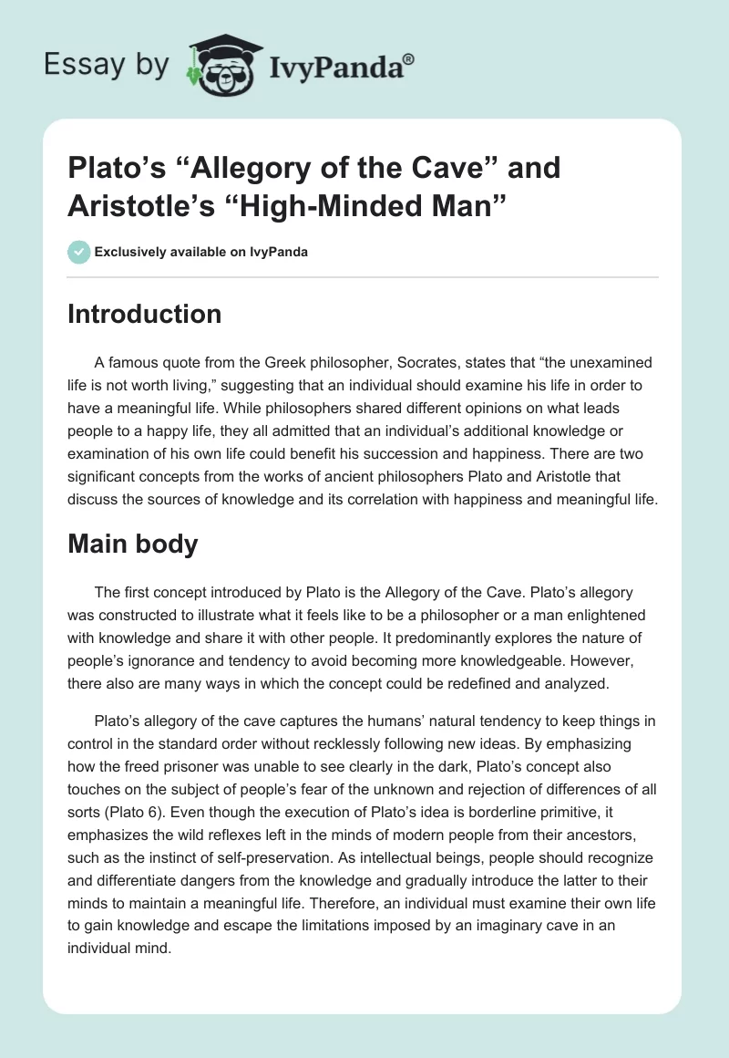 Plato’s “Allegory of the Cave” and Aristotle’s “High-Minded Man”. Page 1