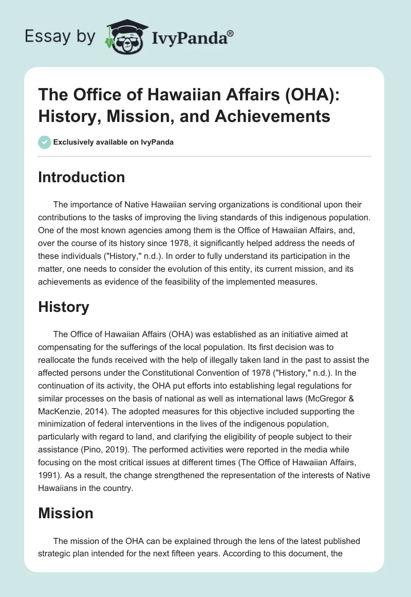 The Office of Hawaiian Affairs (OHA): History, Mission, and Achievements. Page 1