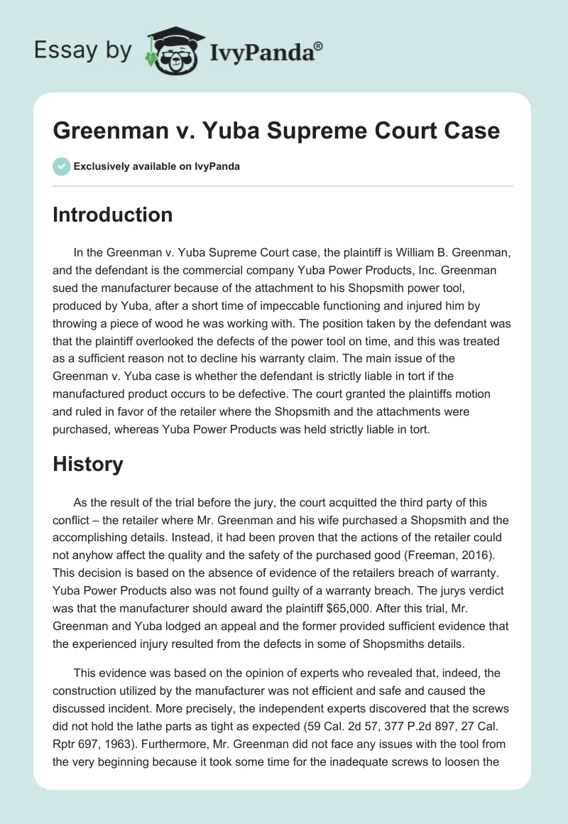 Greenman vs. Yuba Supreme Court Case. Page 1