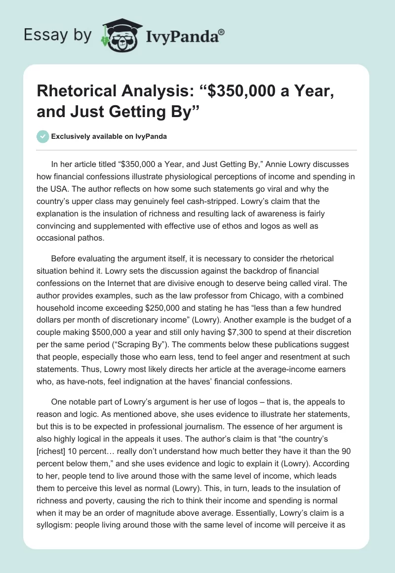 Rhetorical Analysis: “$350,000 a Year, and Just Getting By”. Page 1