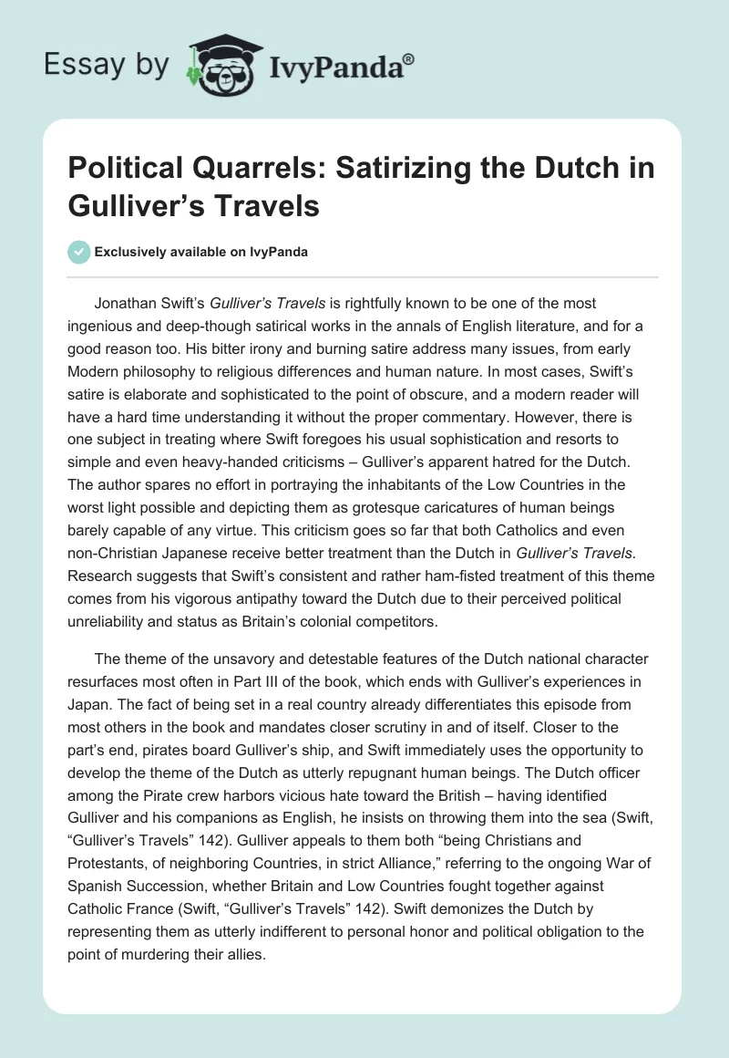 Political Quarrels: Satirizing the Dutch in Gulliver’s Travels. Page 1
