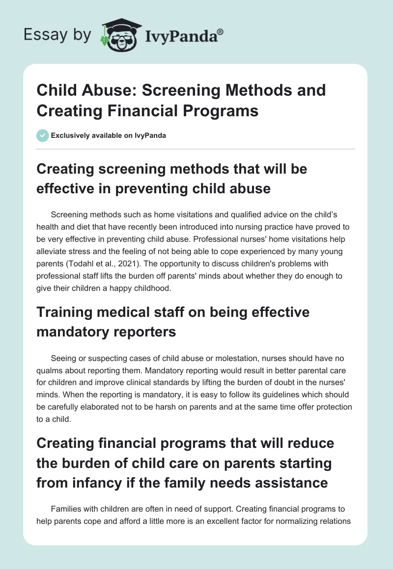 Child Abuse: Screening Methods and Creating Financial Programs. Page 1