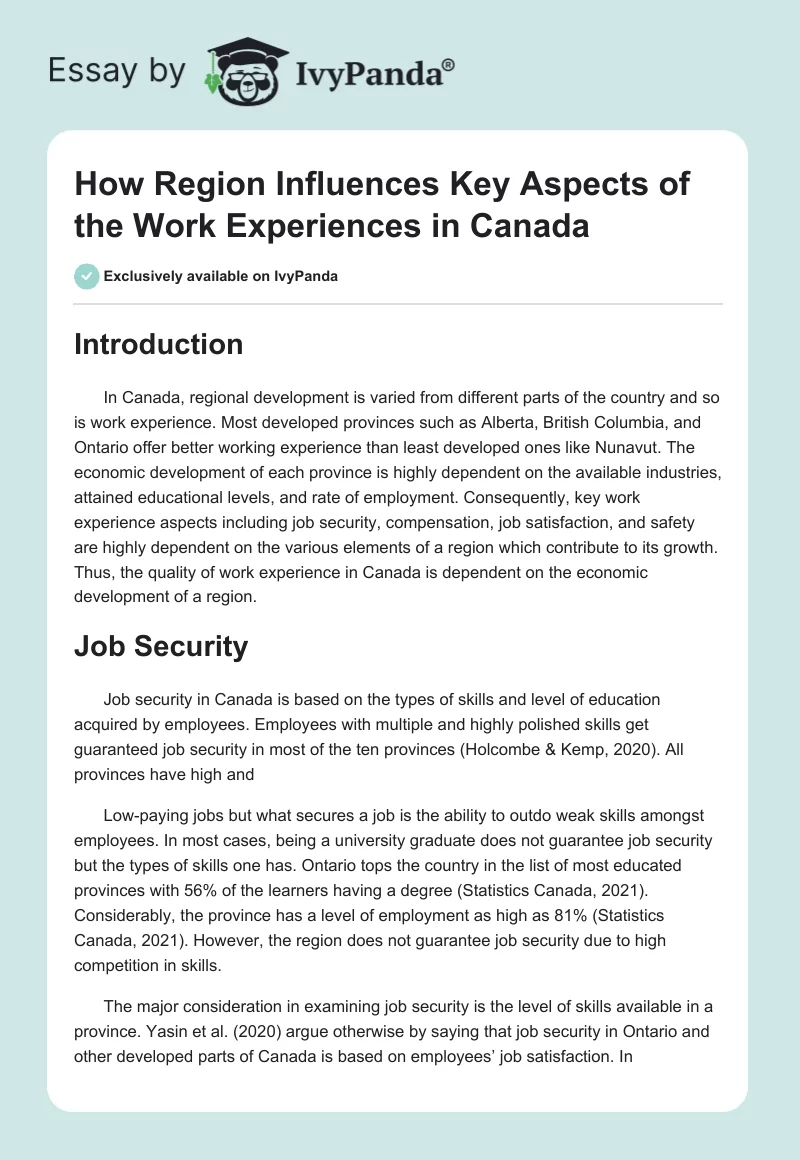 How Region Influences Key Aspects of the Work Experiences in Canada. Page 1