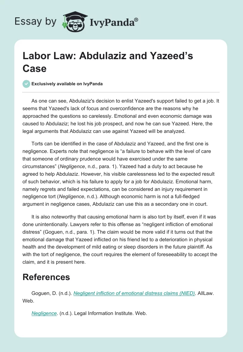 Labor Law: Abdulaziz and Yazeed’s Case. Page 1