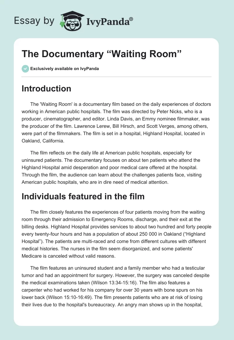 The Documentary “Waiting Room”. Page 1
