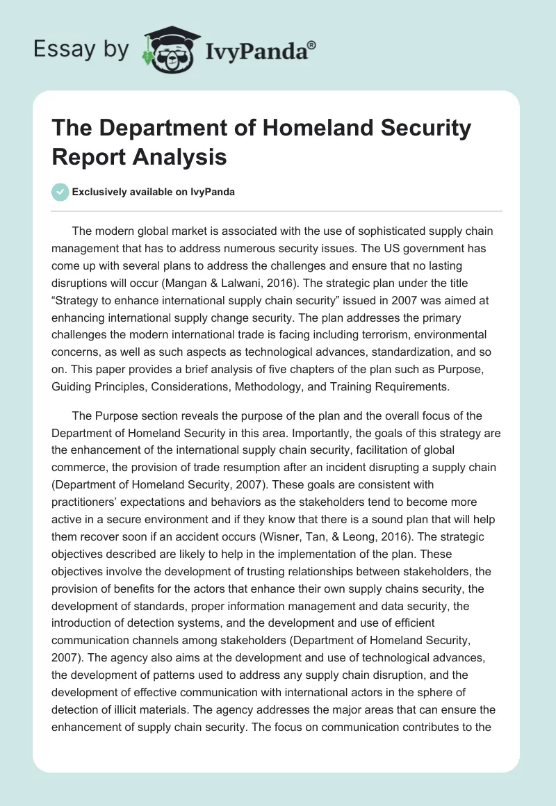 The Department of Homeland Security Report Analysis. Page 1