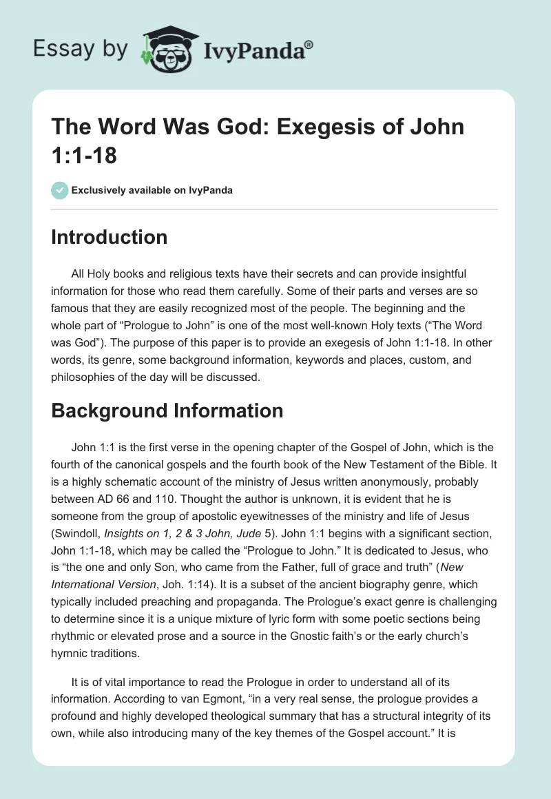 The Word Was God: Exegesis of John 1:1-18. Page 1